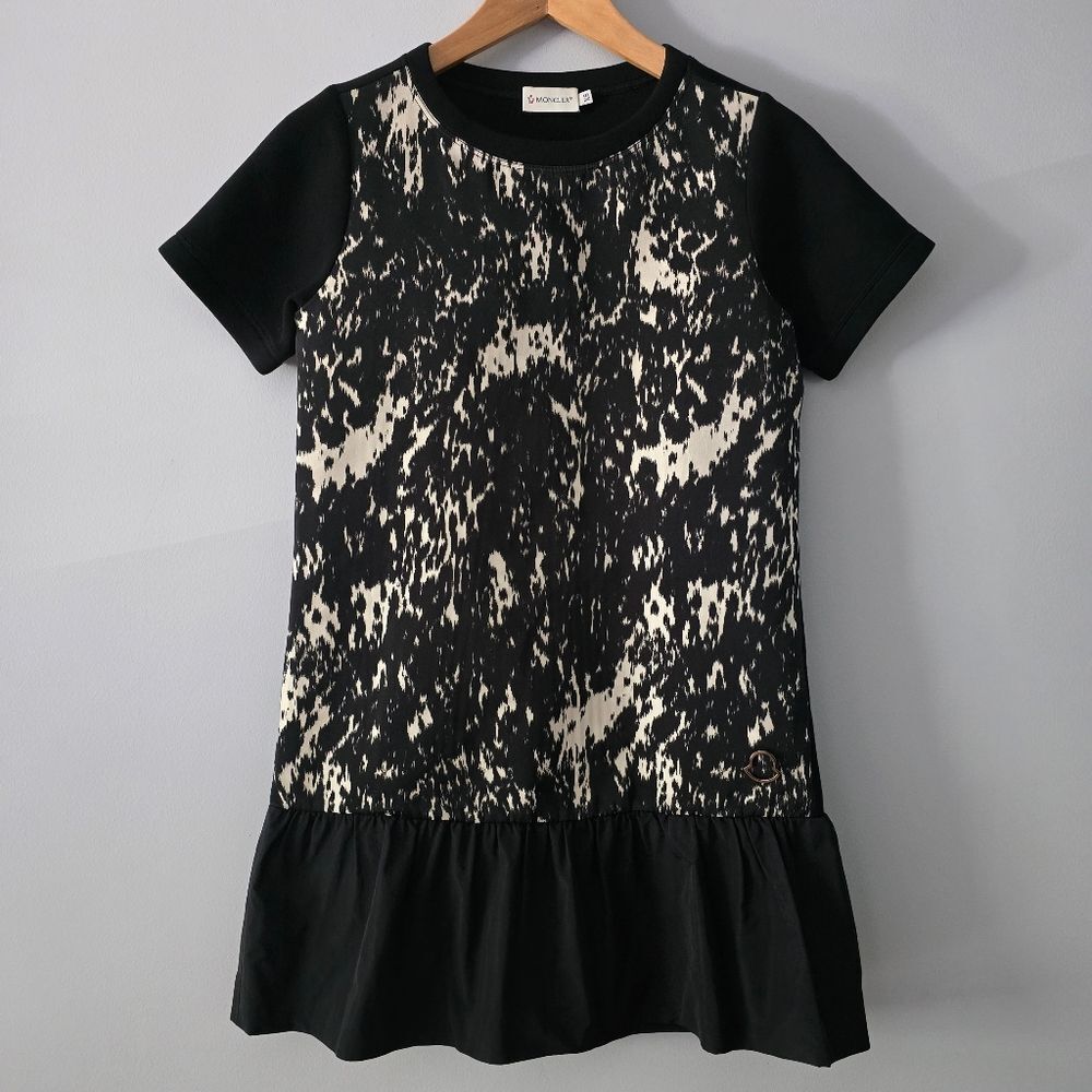 Moncler Abito Logo Black With Printed Front Ruffle Hem Mini Dress Size XS